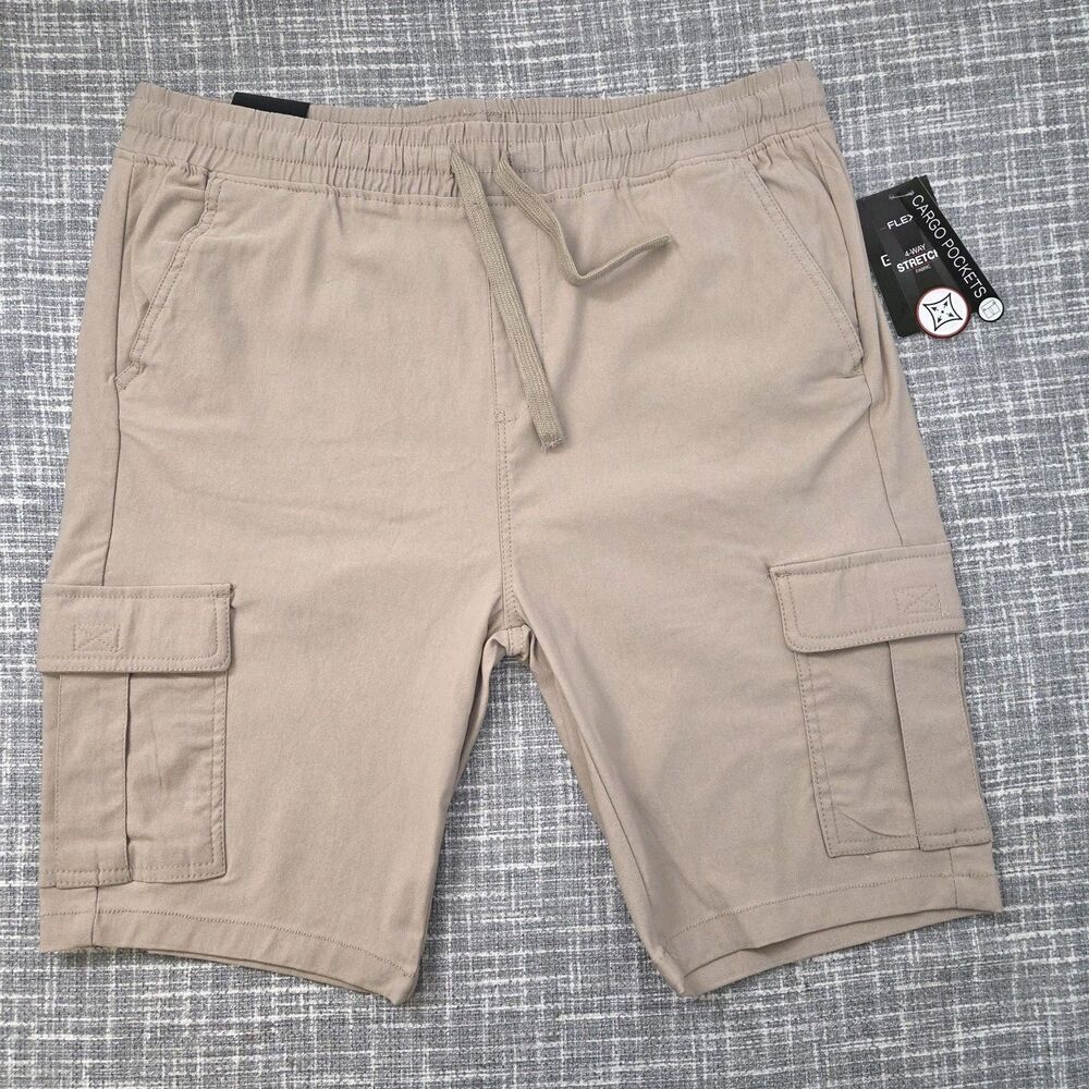 GALAXY 4-Way Stretch Athletic Cargo Shorts Elastic Waist Mens XL Khaki Beige NWT